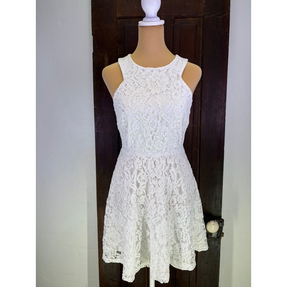 White Floral Lace Side Cutout‎ Strappy Fit and Flare Dress Size S Gold Zipper